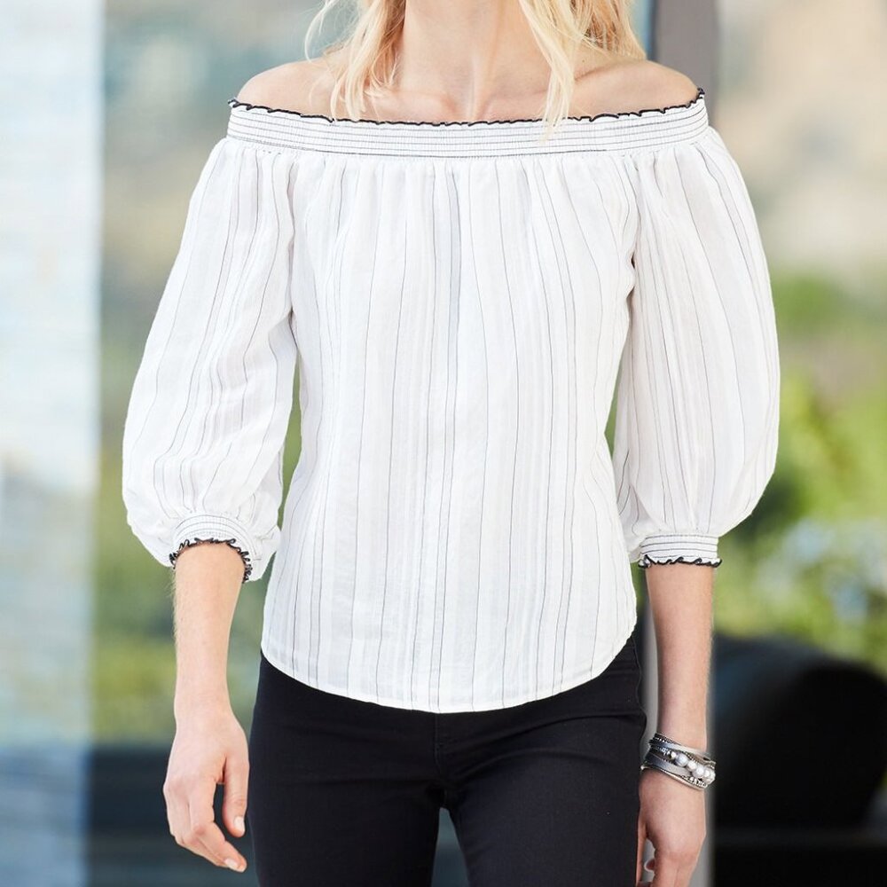 White House Black Market Tonal Stripe Blouse Off Shoulder Top White Size Large